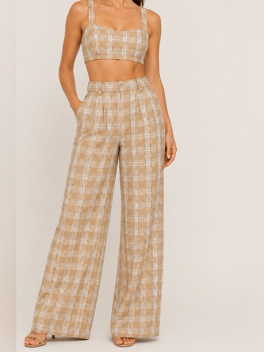 Princess Polly Beige Plaid Wide Leg Pants